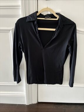 Theory Black Long-Sleeve Polo Collar Top